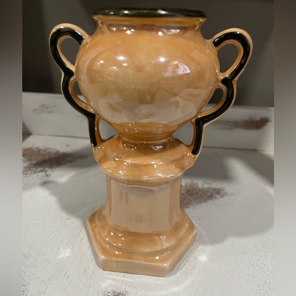 CZECH 1923 Vanity Vase Art Deco Ceramic Peach Lustreware w/Black 5.5” tall / 187